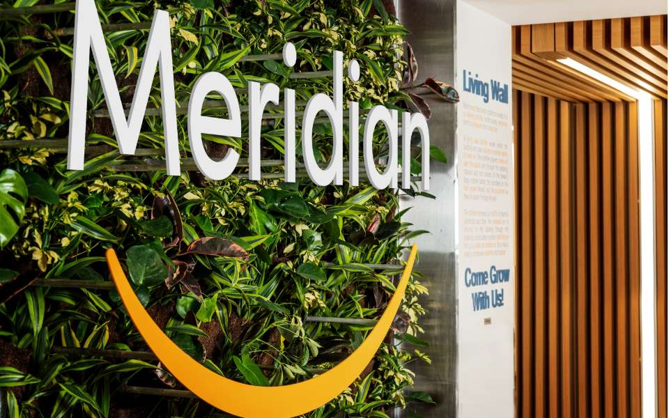 Meridian logo in front of plant wall at corporate office 