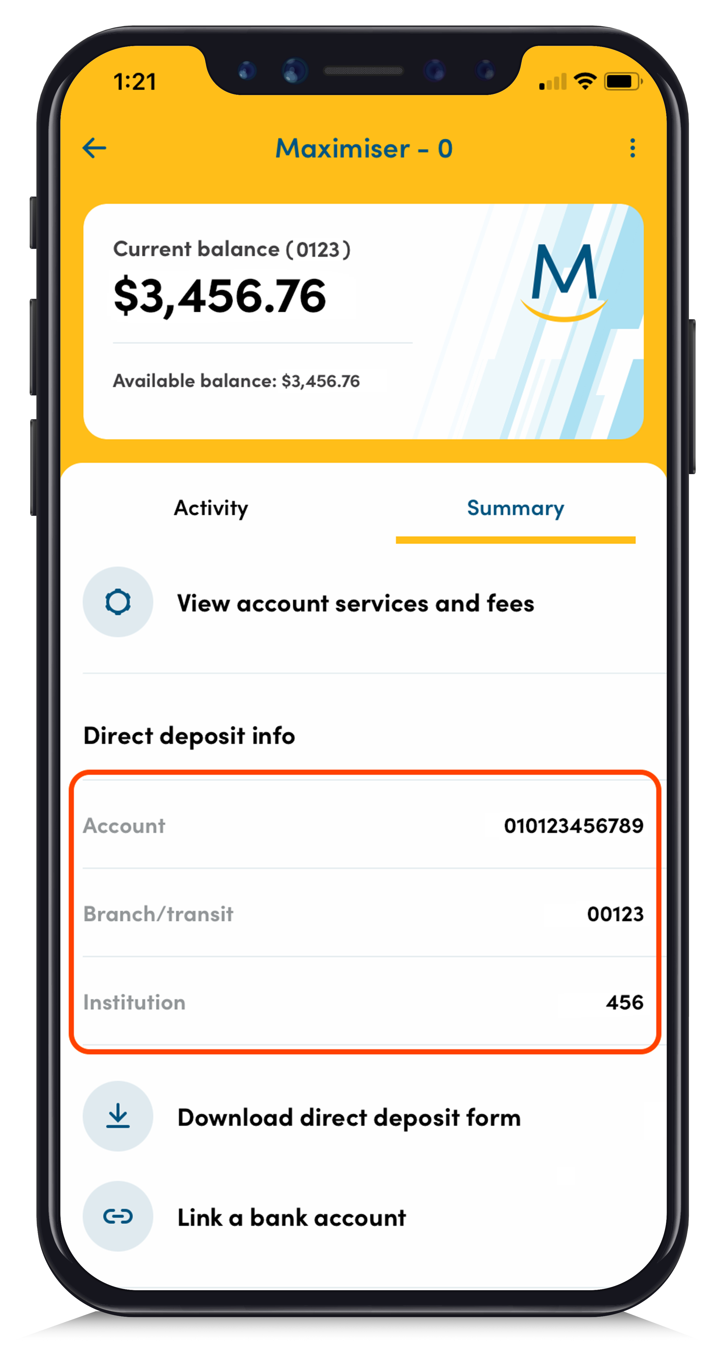 The summary screen, with the account number, branch/transit number, and institution number highlighted under Direct deposit info.