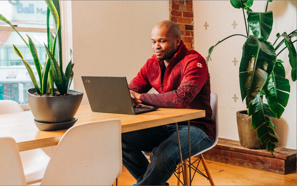 A black man works on his laptop in a sunlit, plant-filled office.