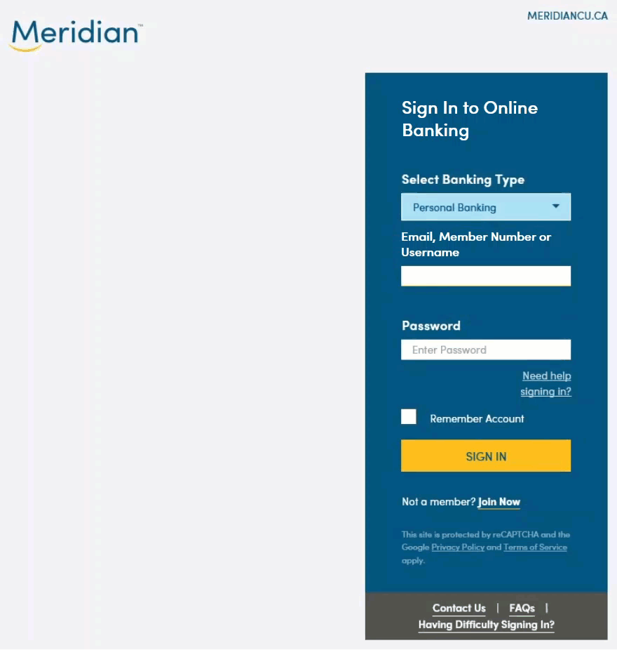 Sign in section on Meridian home page where user enters account number and temporary password and selects Sign In