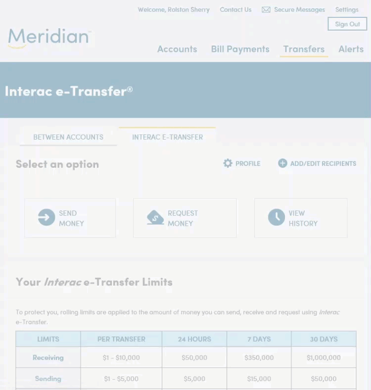 On the Interac e-Transfer tab user selects ‘Add/Edit Recipients and then Add recipient to fill in information for a new recipient.