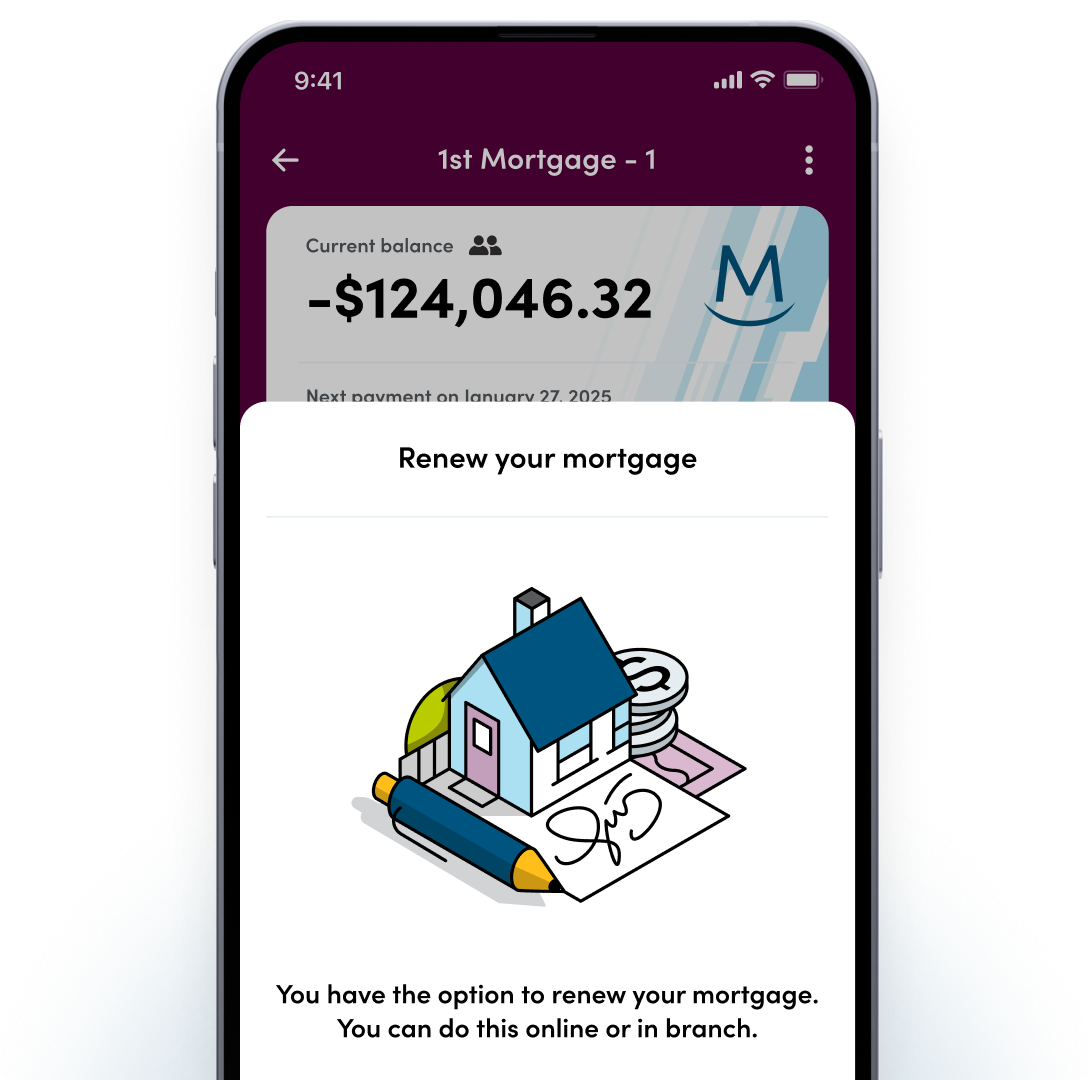 Mobile banking app with mortgage information displayed on a smartphone. Surviscor badge; online experience ranked number 1 for 2024.
