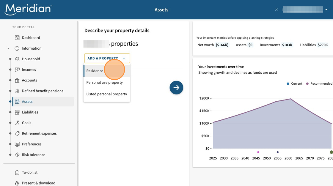 Add a property menu open on the Assets tab.