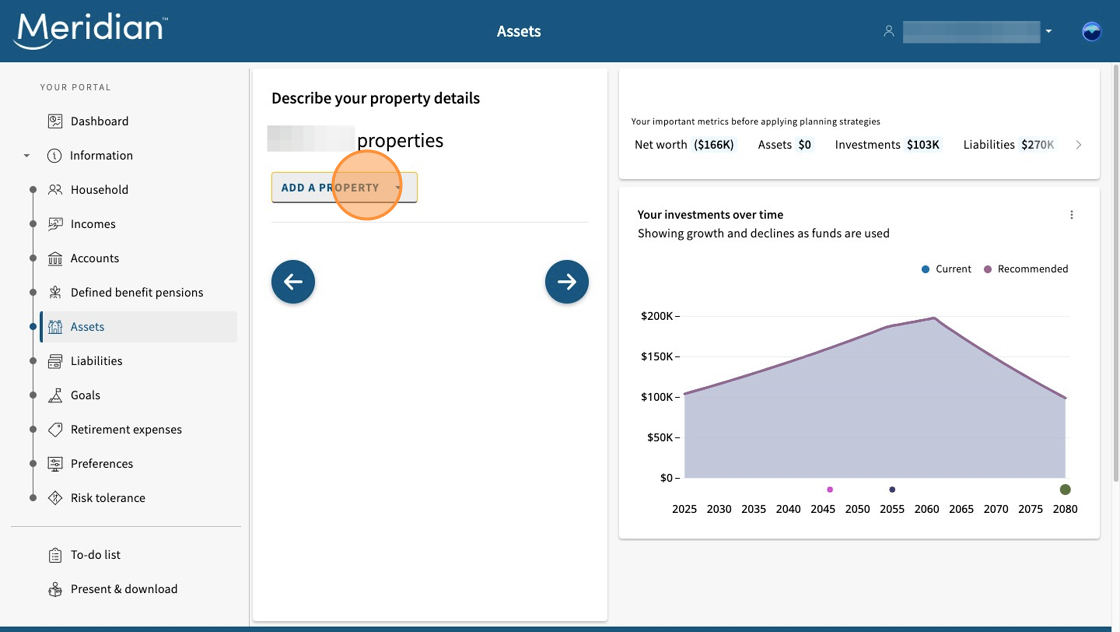 Assets tab open to property details fields. Add a property is circled.