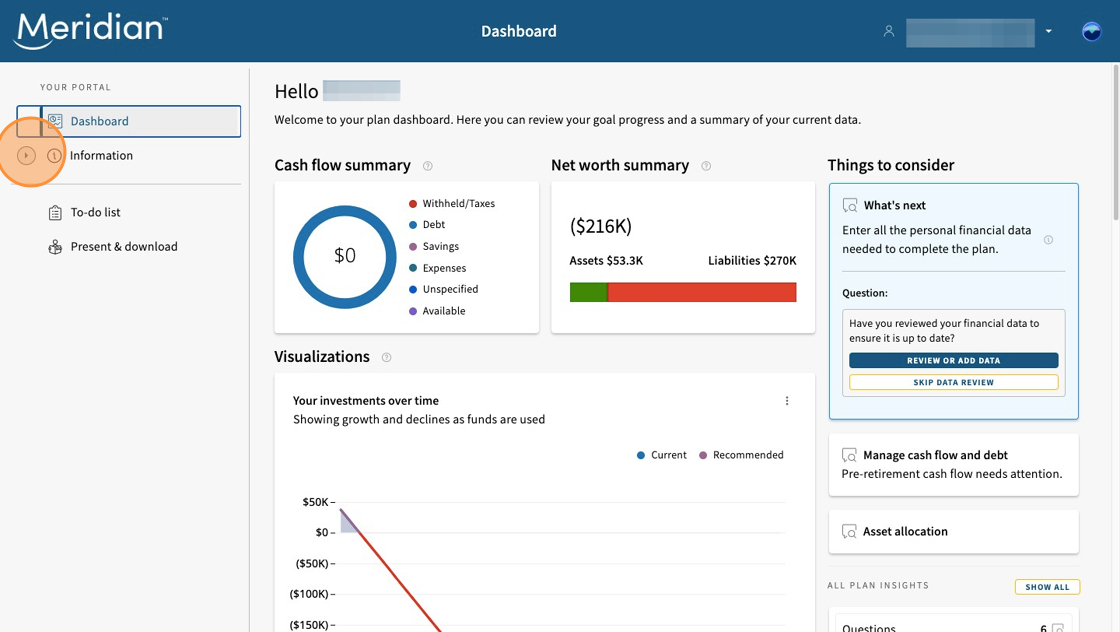 Menu open on the planning tool dashboard with Information circled.