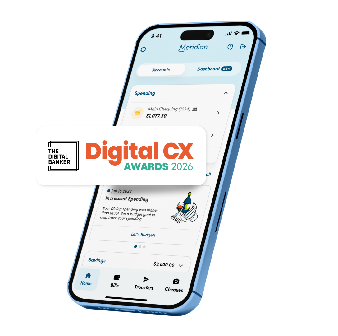 Meridian mobile app open on a phone and an award badge from Digital CX Awards 2026