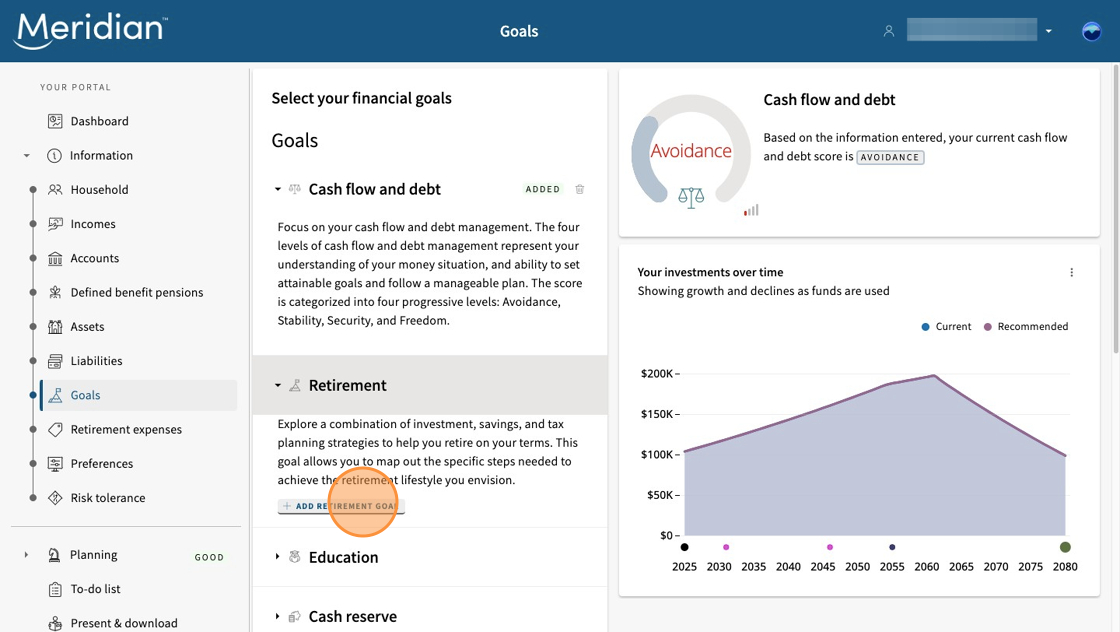 Retirement selected and open in the Goals section, with Add retirement goal circled.