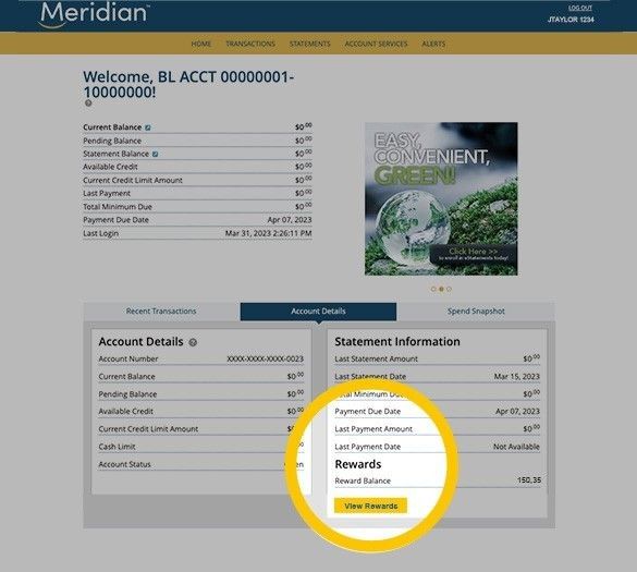 eZCard page with account switch icon highlighted at the top and the Rewards section in Account details highlighted.