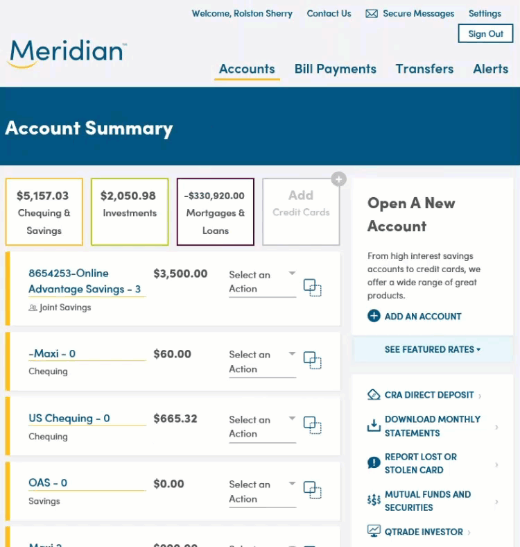 Account Summary page with CRA Direct Deposit link highlighted. It takes user to CRA Direct Deposit Enrollment page.