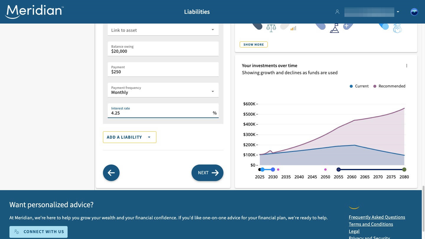 Liabilities screen displaying detail fields with balance owing circled.