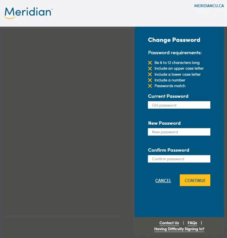 Change Password step - user enters a new password that meets requirements and selects Continue.
