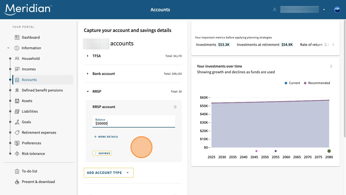 Accounts tab open with details for the RRSP account.