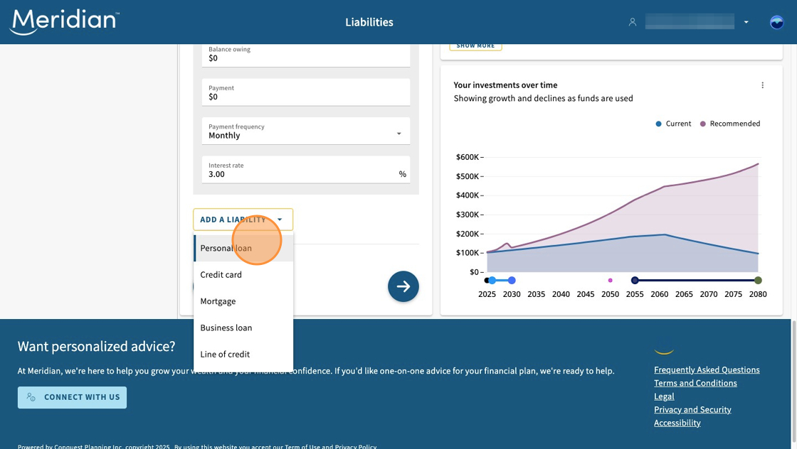 Add a Liability menu open with Personal loan circled.