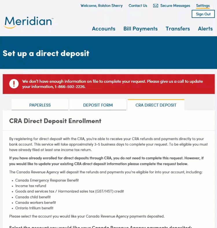CRA Direct Deposit Enrollment page with error message