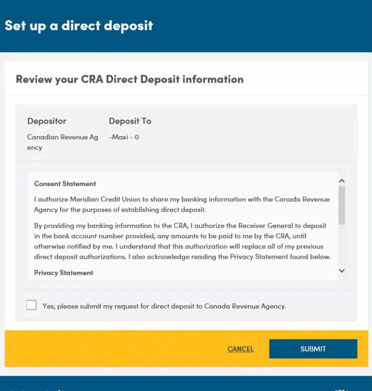 Review page you see before submitting your CRA direct deposit request.