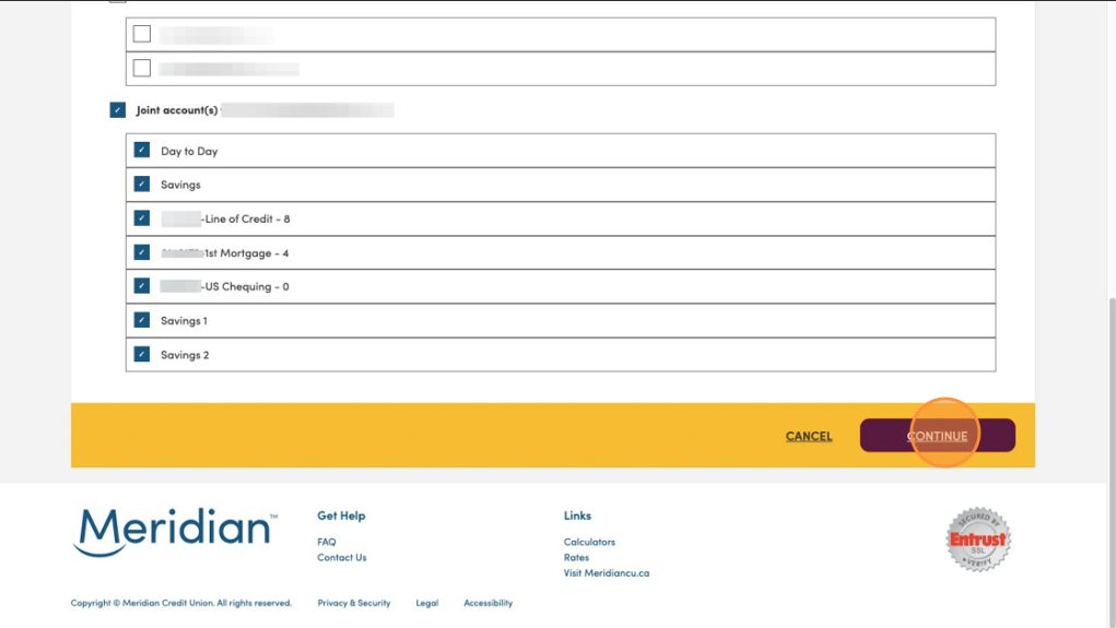 Screen showing account selection in the planning tool. The ‘Continue’ button is circled.