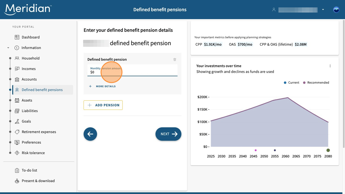 Defined benefit pension tab open to details screen with monthly pension amount circled.