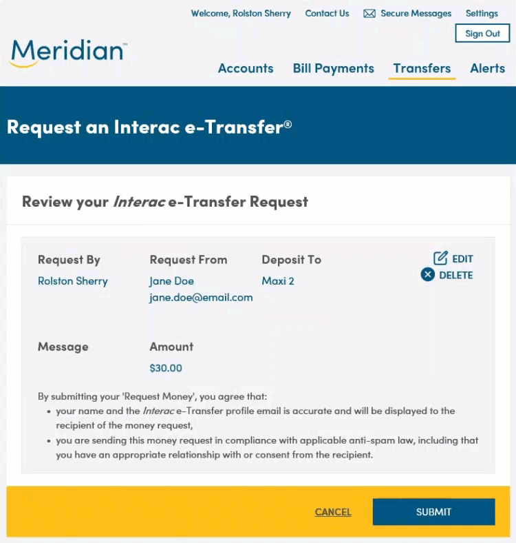 Review your Interac e-Transfer Request screen with Submit button highlighted