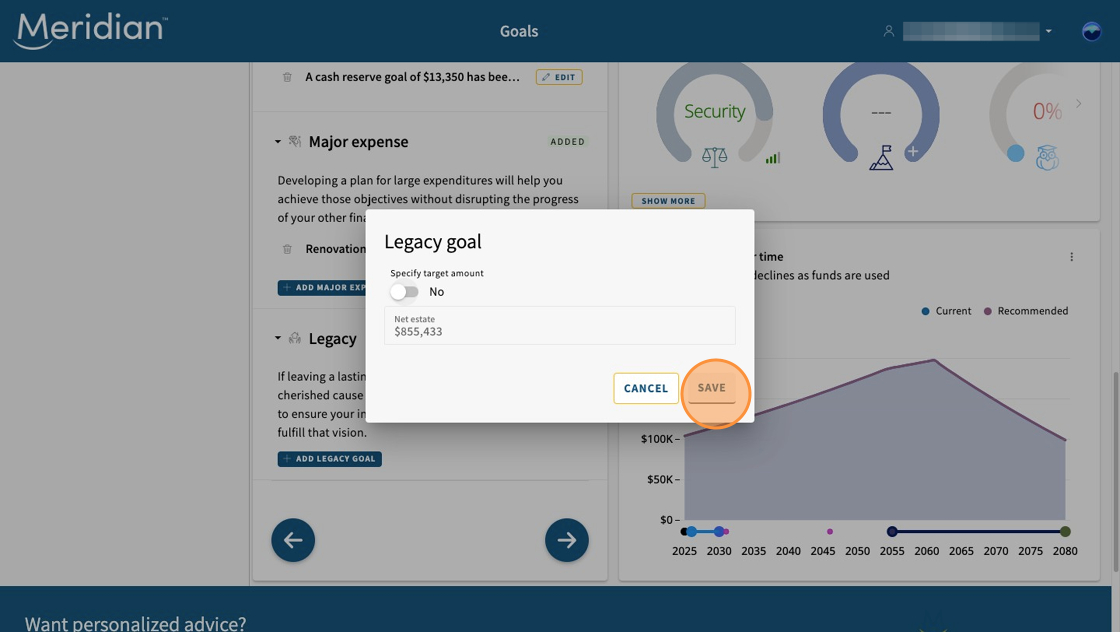 Legacy goal pop up open with fields for filling in details.