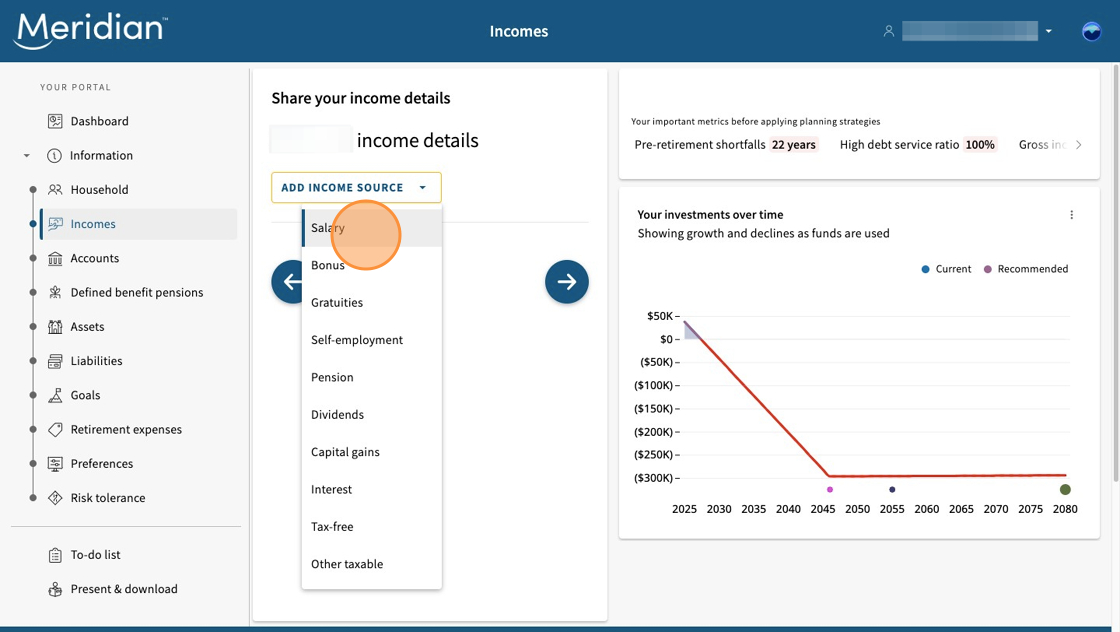 Income source menu open on income details screen.