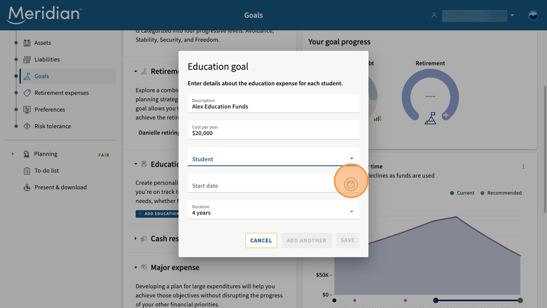 Education goal pop up open with fields for filling in details.