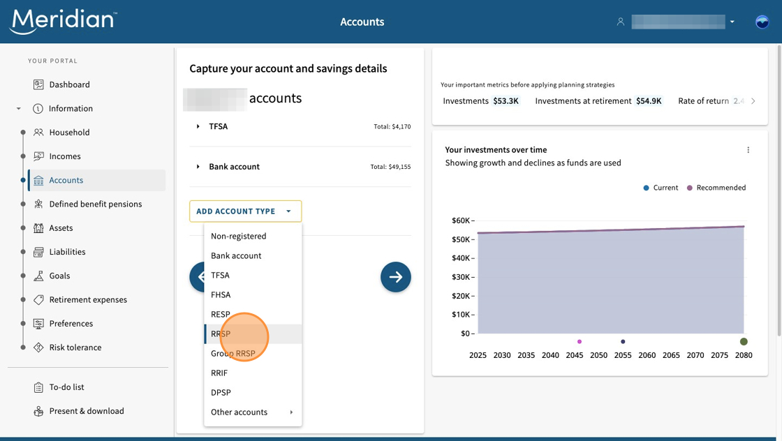 Account type menu open with RRSP circled.