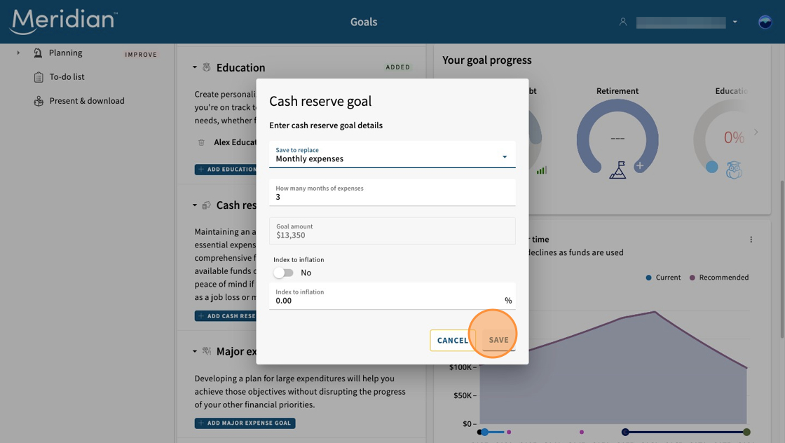 Cash reserve goal pop up open with fields for filling in details.