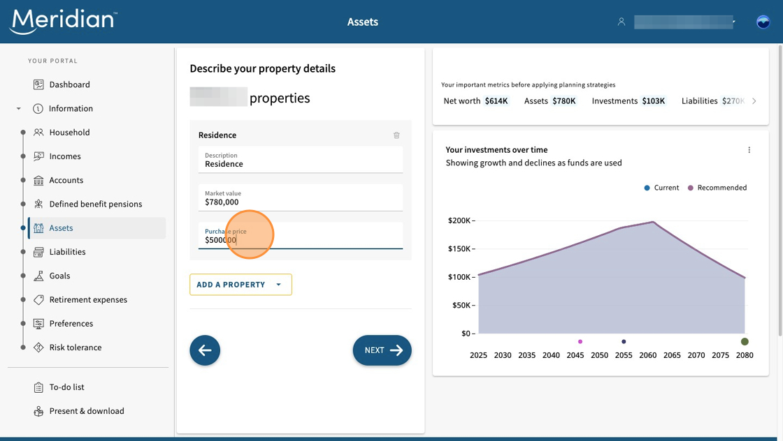 Property details tab open with Residence fields, with Purchase price circled.