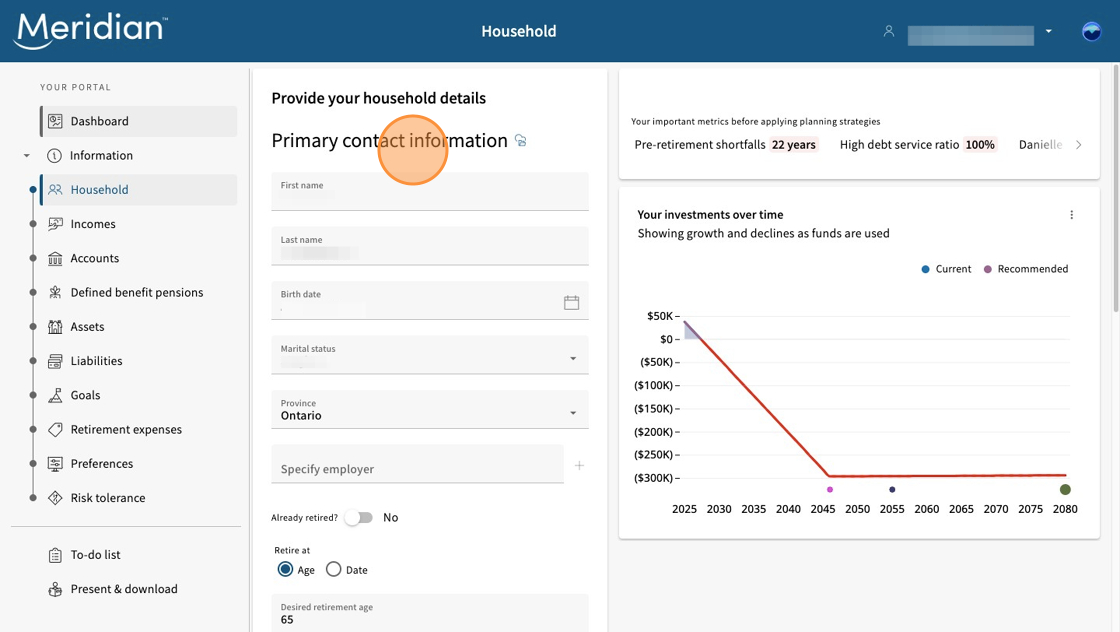 Household tab open with fields for Primary contact information.