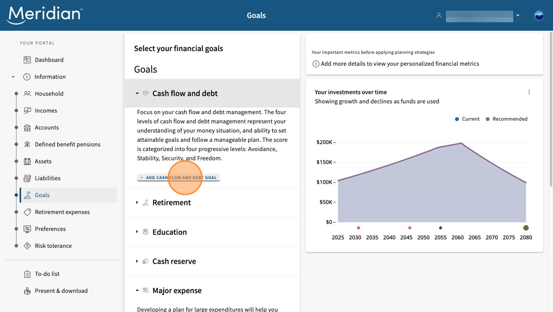 Cash flow and debt goal selected and open in the Goals section.