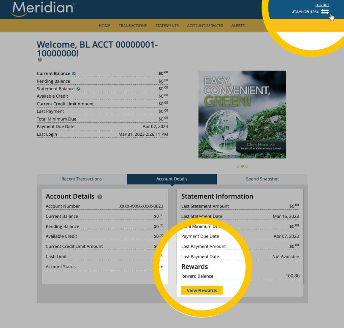 eZCard page with account switch icon highlighted at the top and the Rewards section in Account details highlighted.