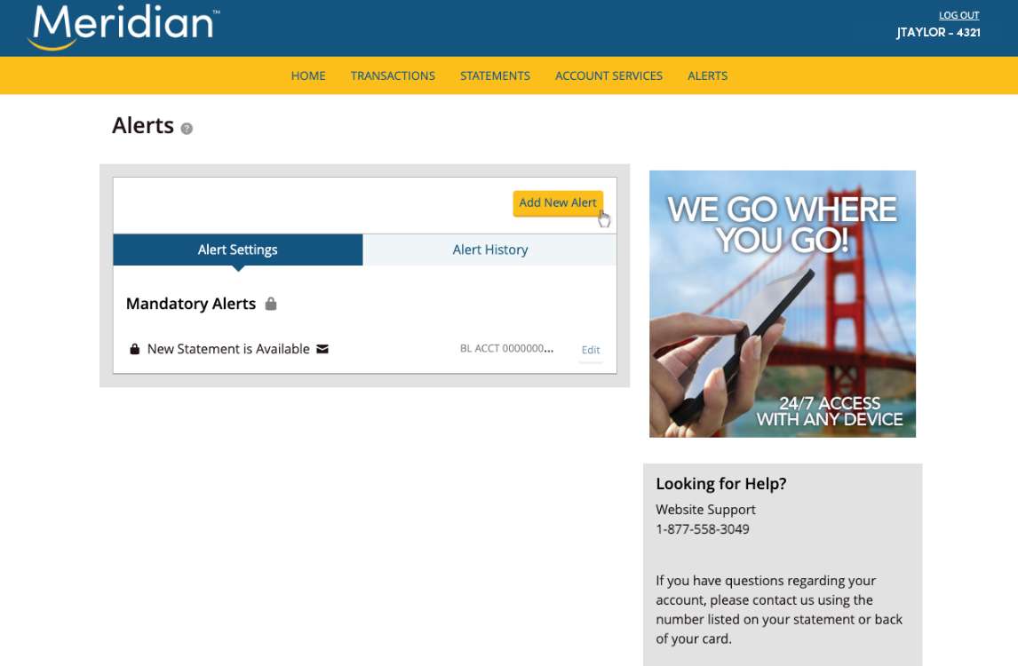 Alerts page in eZCard
