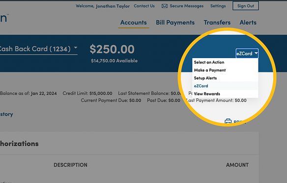 Screen in online banking showing the eZCard drop down menu options