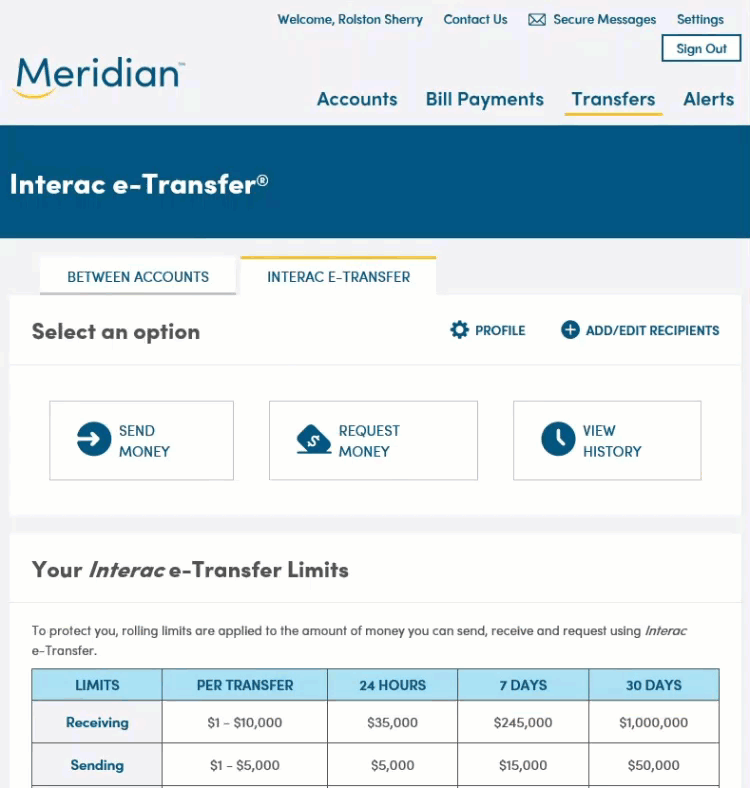Choosing the Request Money option in the Interac e-Transfers tab brings user to a screen where they fill in the required info and then select Next.