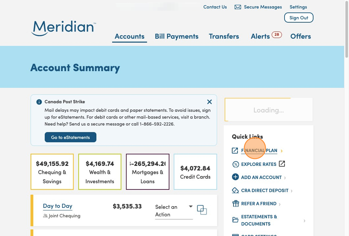 The account summary page in online banking, open on a desktop. The Financial Plan link is circled.