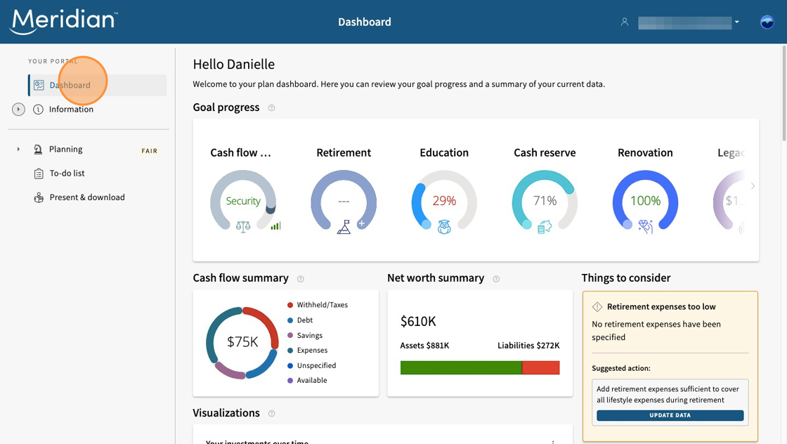 Dashboard open with progress visuals for cash flow, retirement, education, cash reserves, and more.
