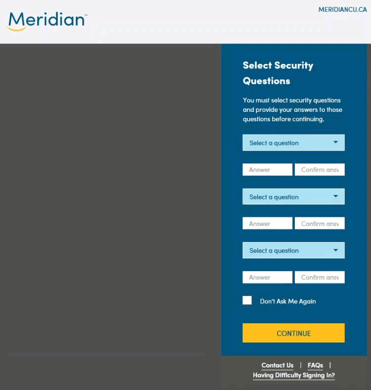 Select Security Questions step. User enters questions and answers and selects Continue.