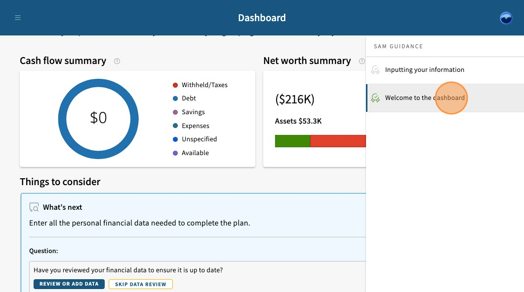 SAM Guidance module open on the Dashboard screen. Welcome to the Dashboard link is circled.