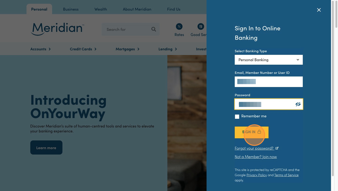 Sign in module open on the Meridian website, with fields for User ID, password, and the Sign in button. 