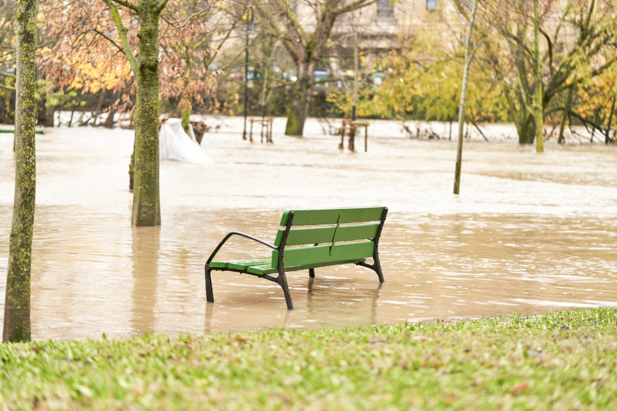 Green park bench surrounded by floodwater in a flooded park.
