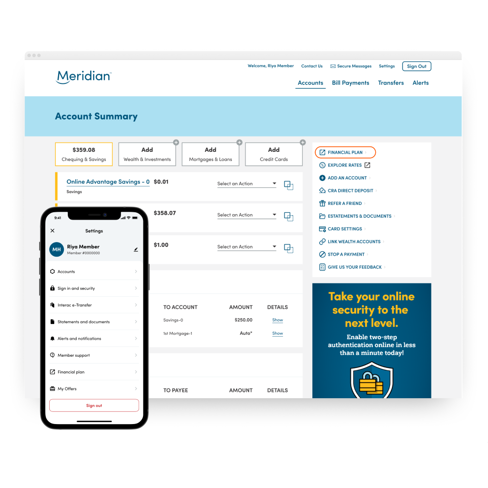 Meridian online banking account summary screen and the Meridian mobile app open to settings; both displaying the Financial plan link.