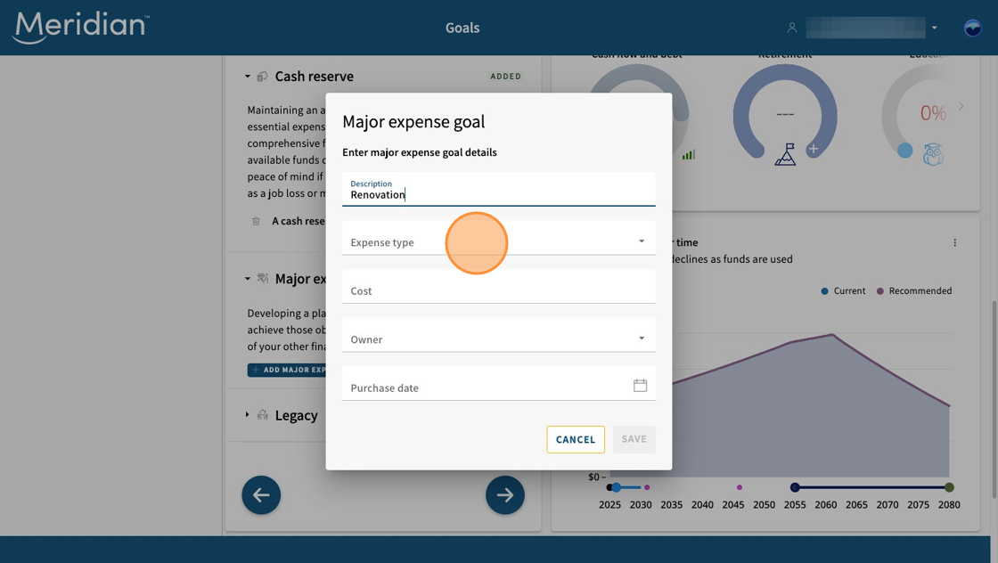 Major expense goal pop up open with fields for filling in details.