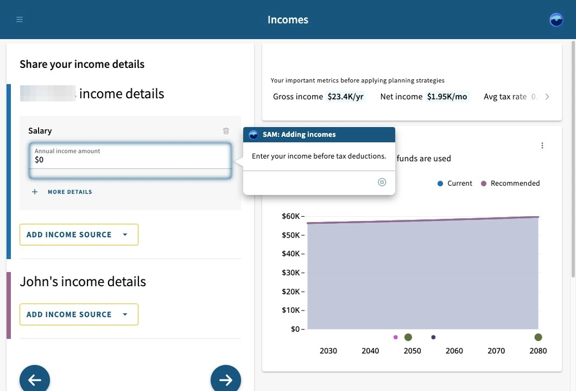 SAM pop-up window on the Incomes screen.