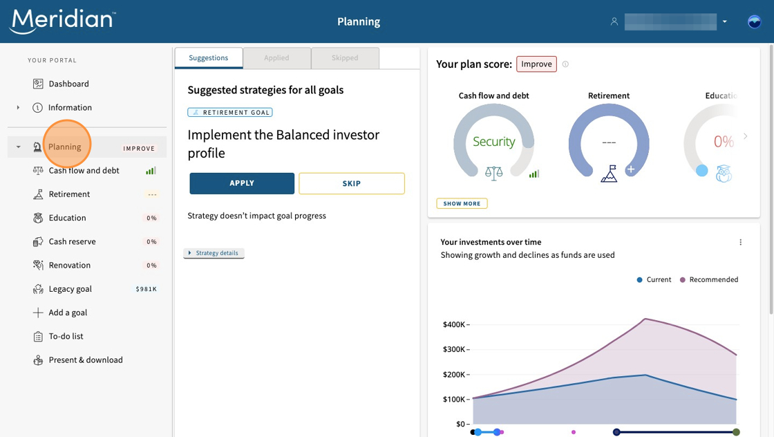 Planning tab open with suggested strategies for all goals