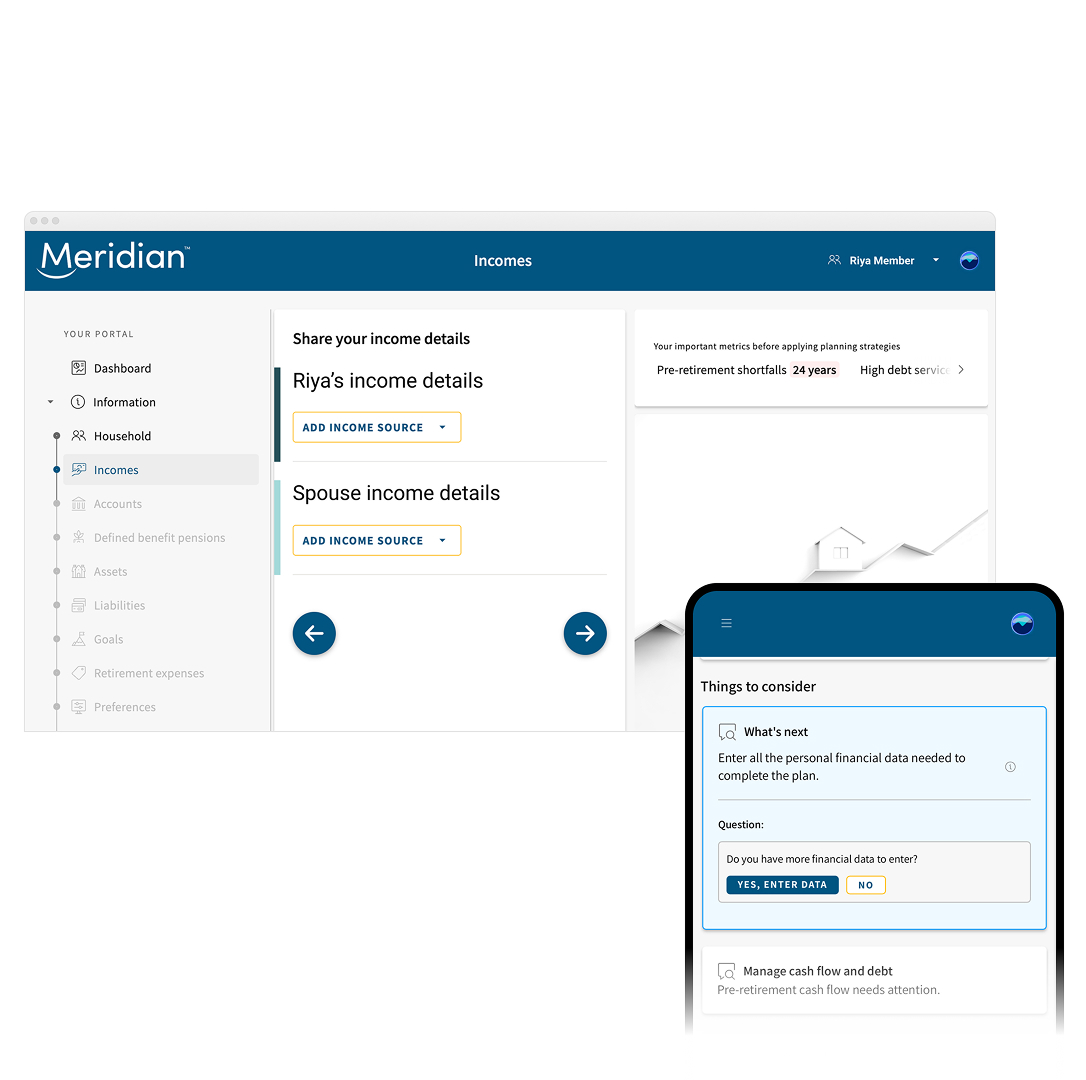 The financial planning tool open in desktop and in the mobile app; both displaying the income details screen.