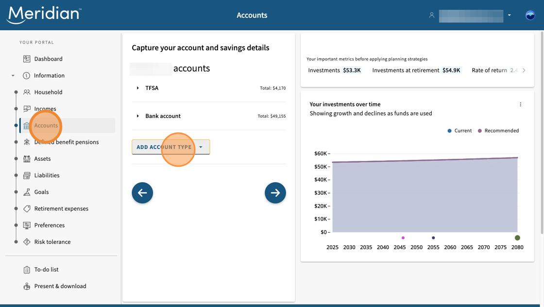 Accounts tab open with Accounts and Add Account Type circled.