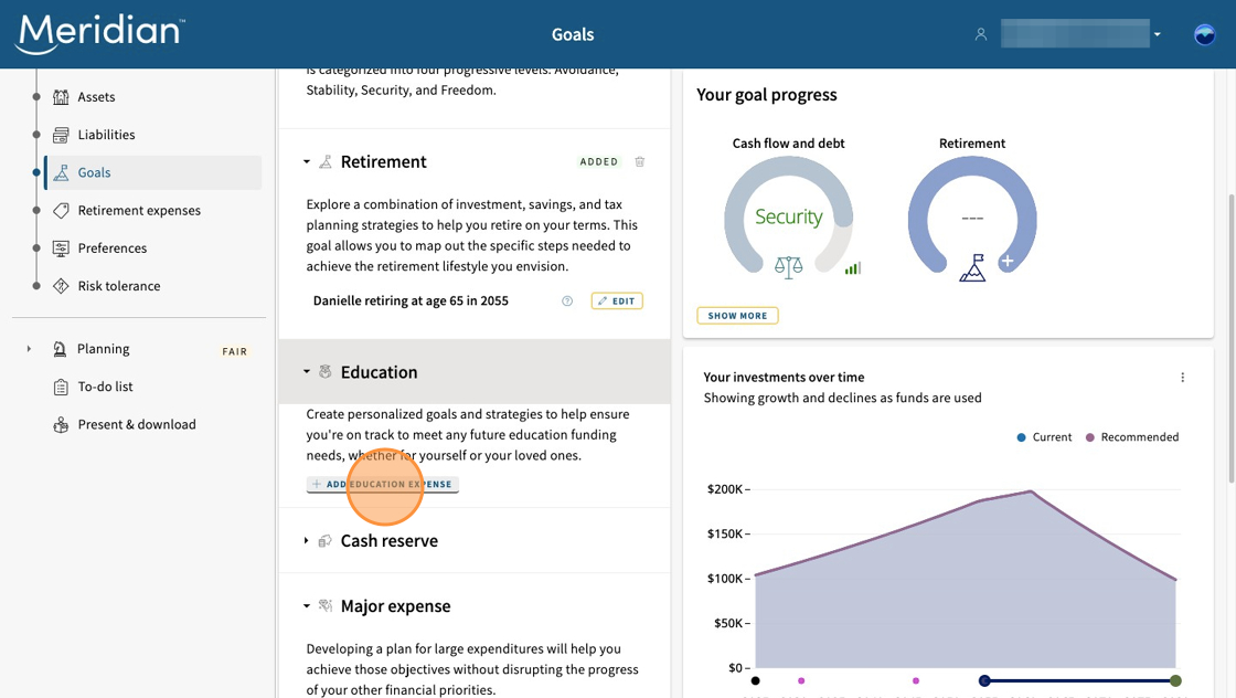 Education selected and open in the Goals section, with Add education expense circled.