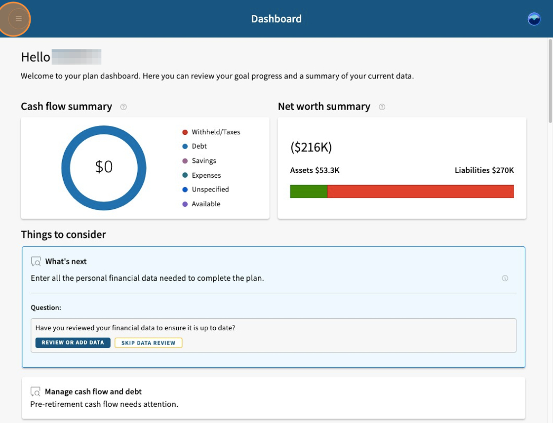 Planning tool dashboard with the menu symbol circled.