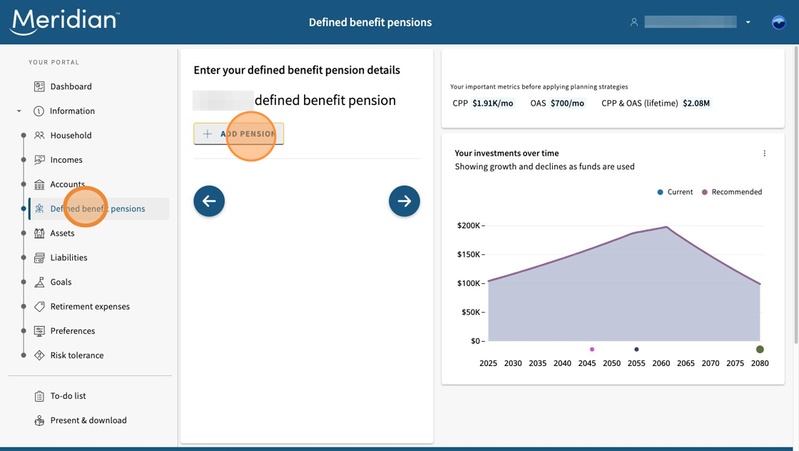 Defined benefit pension tab open to details screen. Add pension is circled.