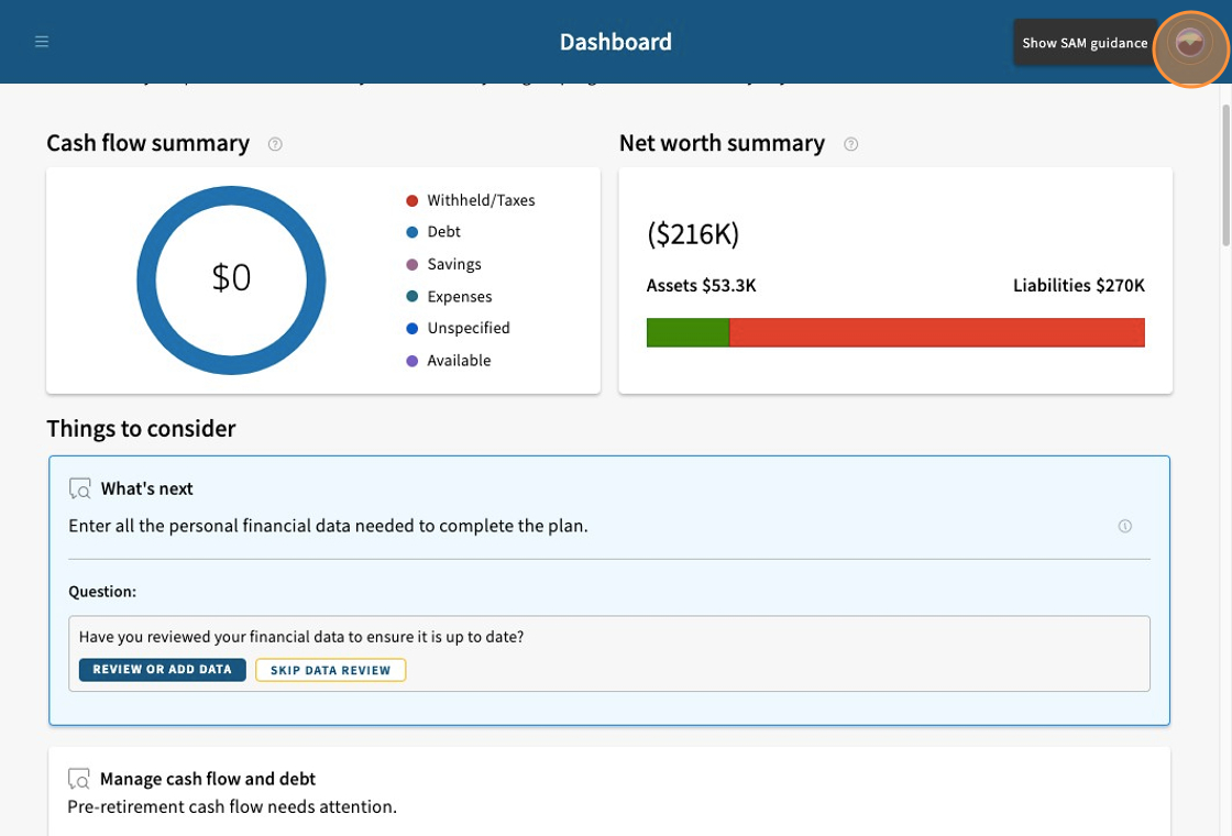 Planning tool dashboard screen displaying cash flow summary, net worth summary, and tips to consider. SAM button is circled. 
